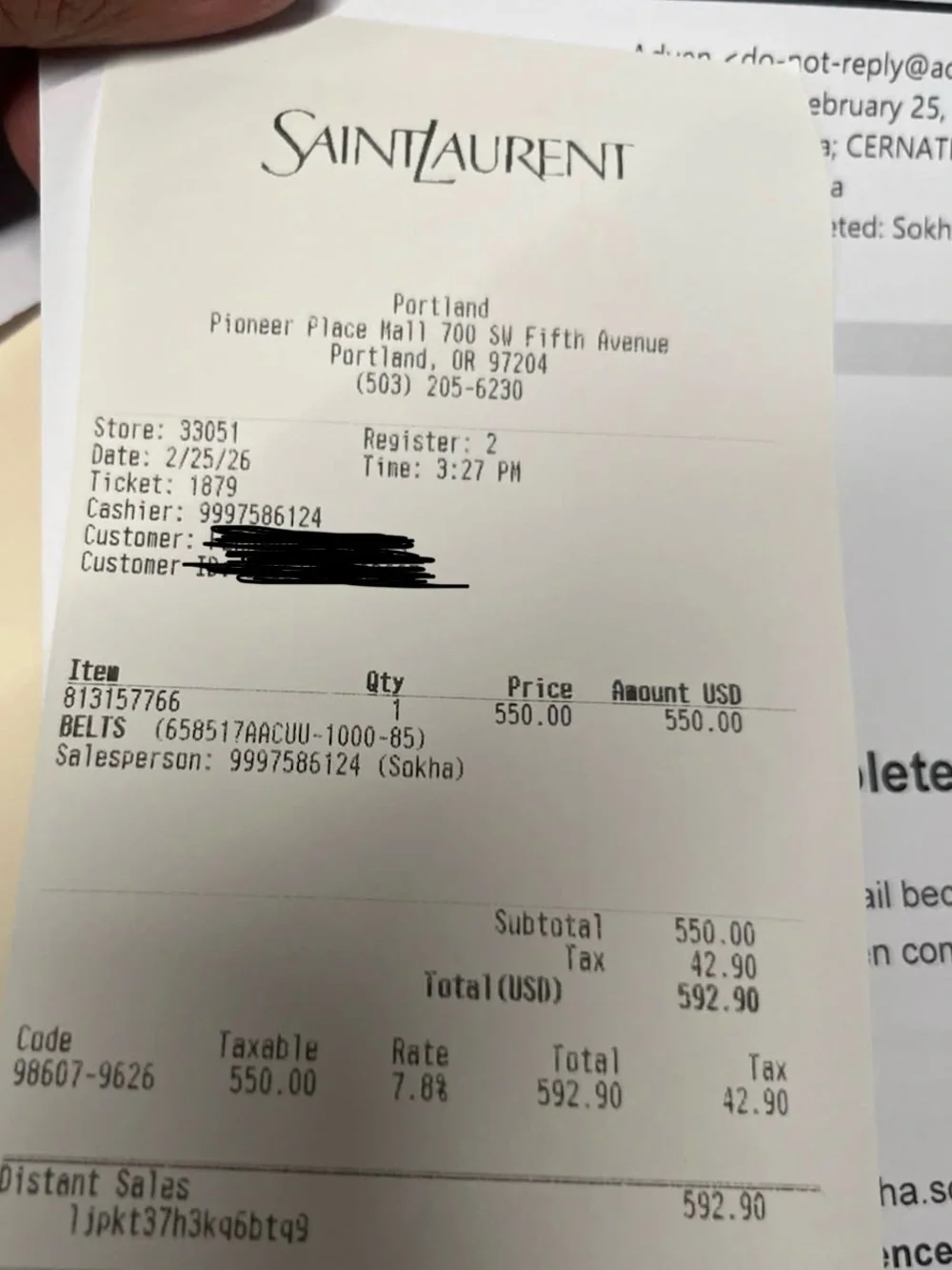 Saint Laurent Black Leather belt with receipt
